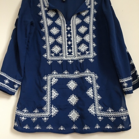 Lucky Brand Boho Embroidered Navy Blue 3/4 Long Sleeve Blouse Tunic - Picture 4 of 16